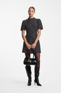 Puff-sleeved business dress in floral brocade, Black Patterned