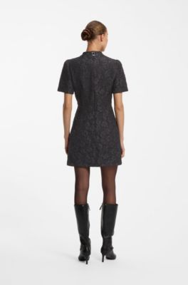 Puff-sleeved business dress in floral brocade, Black Patterned