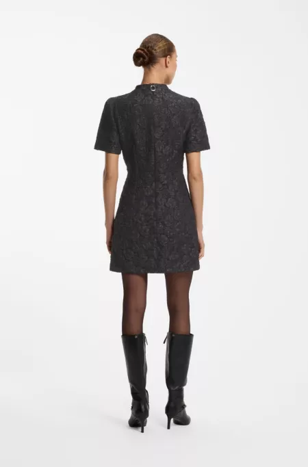 Puff-sleeved business dress in floral brocade