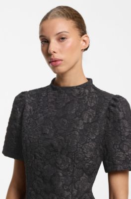 Puff-sleeved business dress in floral brocade, Black Patterned