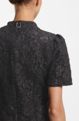Puff-sleeved business dress in floral brocade, Black Patterned
