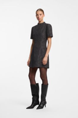 Puff-sleeved business dress in floral brocade, Black Patterned