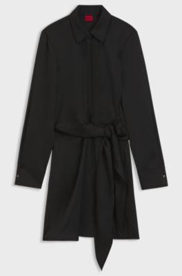 Long-sleeved wrap dress in satin with stacked logo, Black