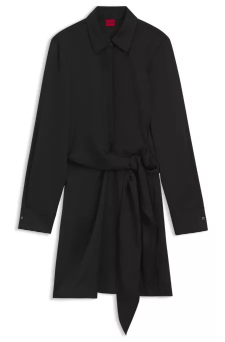 Long-sleeved wrap dress in satin with stacked logo