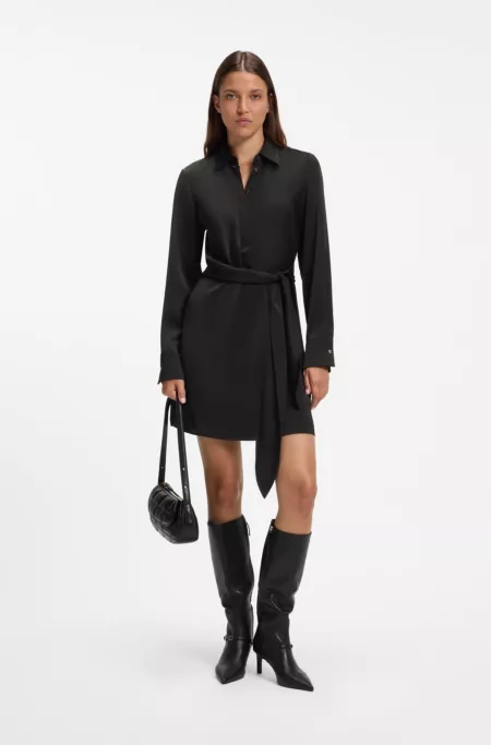 Long-sleeved wrap dress in satin with stacked logo