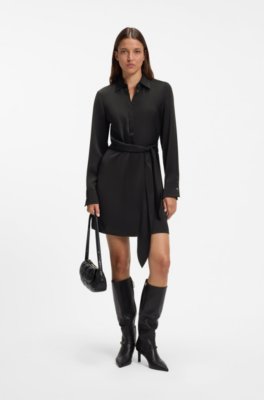 Long-sleeved wrap dress in satin with stacked logo