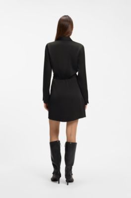 Long-sleeved wrap dress in satin with stacked logo, Black