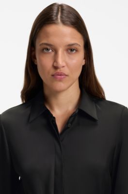 Long-sleeved wrap dress in satin with stacked logo, Black