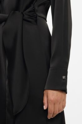 Long-sleeved wrap dress in satin with stacked logo, Black