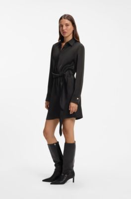 Long-sleeved wrap dress in satin with stacked logo, Black