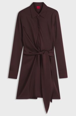 Long-sleeved wrap dress in satin with stacked logo, Dark Brown