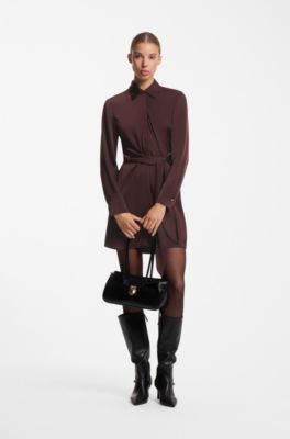 Long-sleeved wrap dress in satin with stacked logo, Dark Brown