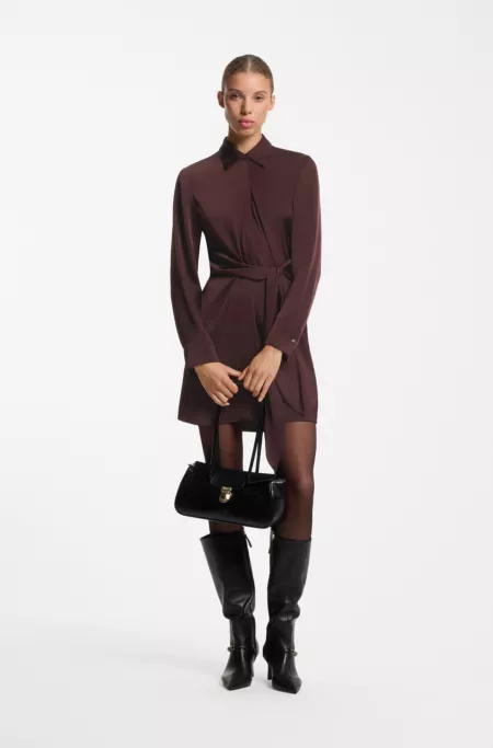 Long-sleeved wrap dress in satin with stacked logo