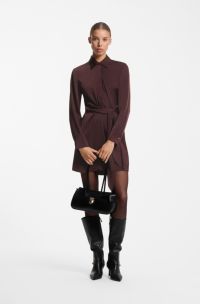 Long-sleeved wrap dress in satin with stacked logo, Dark Brown