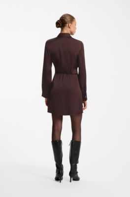 Long-sleeved wrap dress in satin with stacked logo, Dark Brown