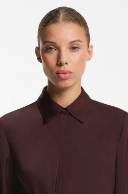 Long-sleeved wrap dress in satin with stacked logo, Dark Brown