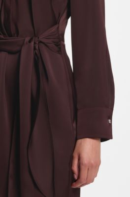 Long-sleeved wrap dress in satin with stacked logo, Dark Brown
