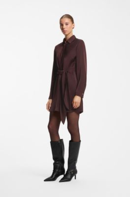 Long-sleeved wrap dress in satin with stacked logo, Dark Brown