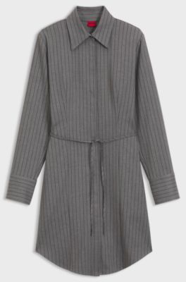 Belted pinstripe midi shirtdress with wide cuffs, Grey Patterned