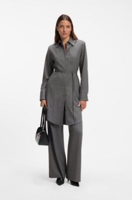 Belted pinstripe midi shirtdress with wide cuffs, Grey Patterned