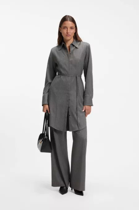 Belted pinstripe midi shirtdress with wide cuffs