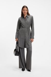 Belted pinstripe midi shirtdress with wide cuffs, Grey Patterned