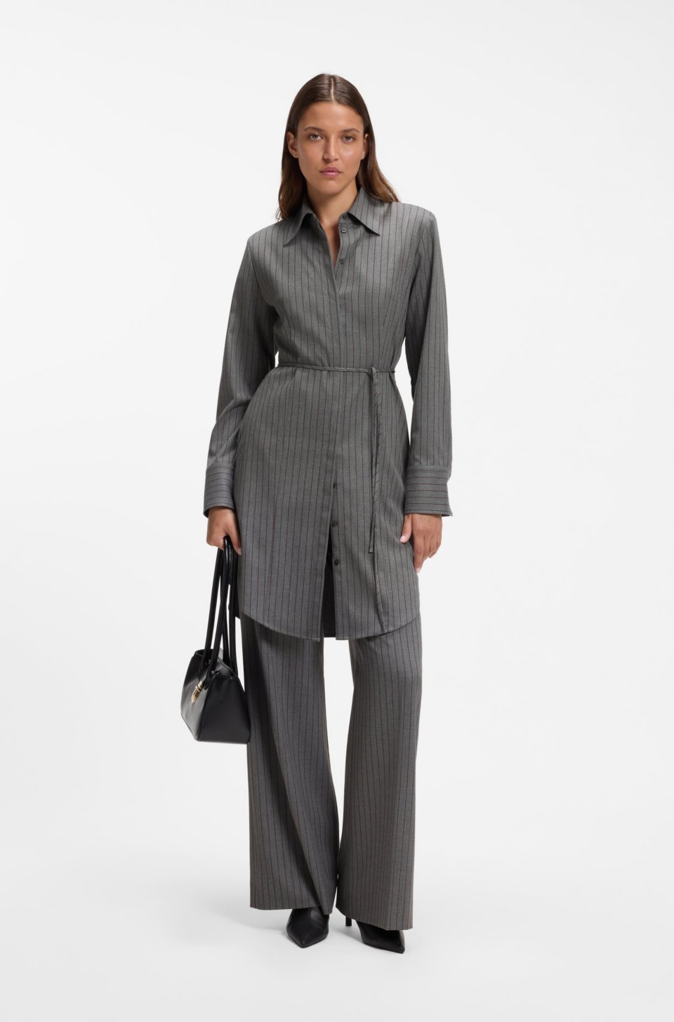 Belted pinstripe midi shirtdress with wide cuffs