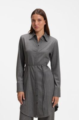 Belted pinstripe midi shirtdress with wide cuffs, Grey Patterned