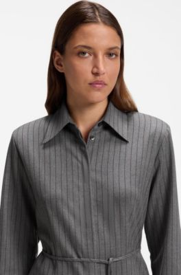 Belted pinstripe midi shirtdress with wide cuffs, Grey Patterned