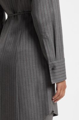 Belted pinstripe midi shirtdress with wide cuffs, Grey Patterned