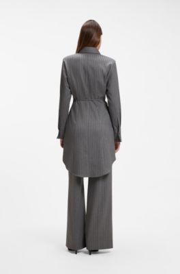 Belted pinstripe midi shirtdress with wide cuffs, Grey Patterned