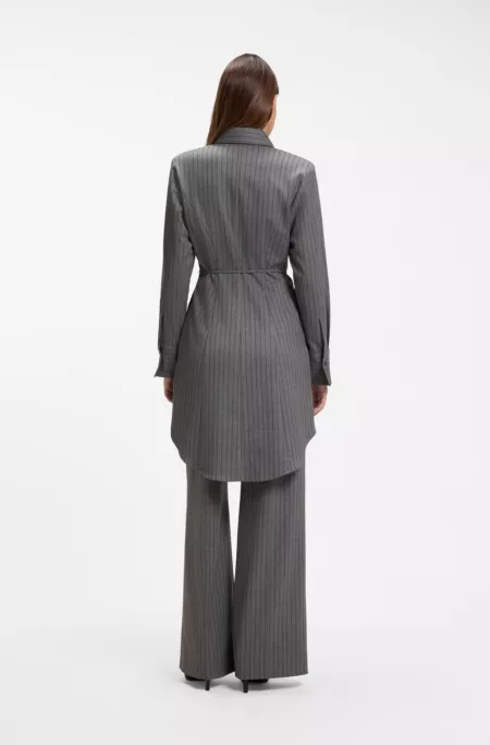 Belted pinstripe midi shirtdress with wide cuffs