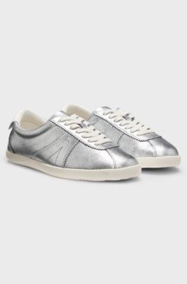 Metallic-effect trainers in leather, Silver