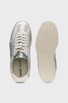 Metallic-effect trainers in leather, Silver