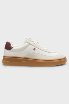 Suede-and-canvas trainers with logo details, Natural