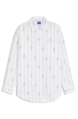 Oversized-fit blouse in cotton poplin with script logos, White Patterned