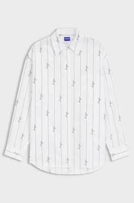 Oversized-fit blouse in cotton poplin with script logos, White Patterned