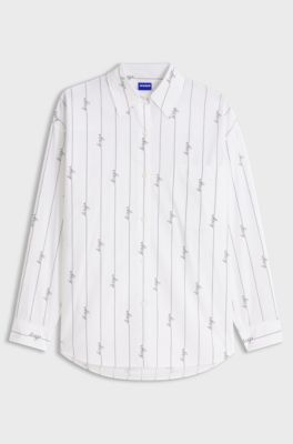 Oversized-fit blouse in cotton poplin with script logos, White Patterned
