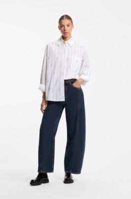Oversized-fit blouse in cotton poplin with script logos, White Patterned