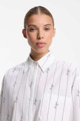 Oversized-fit blouse in cotton poplin with script logos, White Patterned