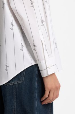Oversized-fit blouse in cotton poplin with script logos, White Patterned