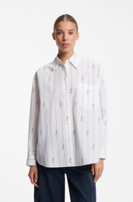 Oversized-fit blouse in cotton poplin with script logos, White Patterned