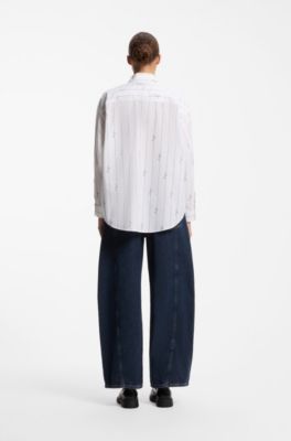 Oversized-fit blouse in cotton poplin with script logos, White Patterned
