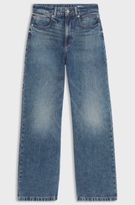 Jean large en denim &agrave; d&eacute;lavage vintage, Bleu