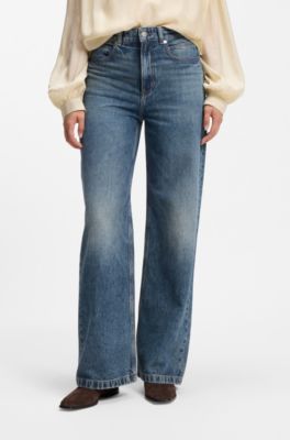 Wide-leg jeans in vintage-wash denim, Blue