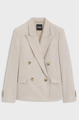 Double-breasted regular-fit blazer in melange flannel, Natural