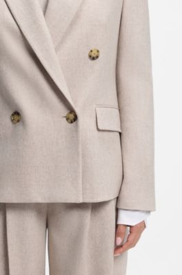 Double-breasted regular-fit blazer in melange flannel, Natural