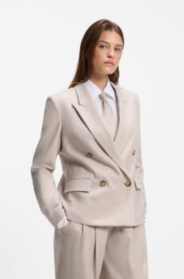 Double-breasted regular-fit blazer in melange flannel, Natural