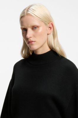 Relaxed-fit knitted sweater with mock neckline, Black