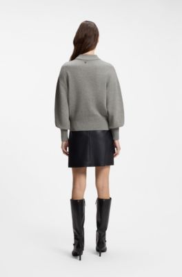 Relaxed-fit knitted sweater with mock neckline, Grey